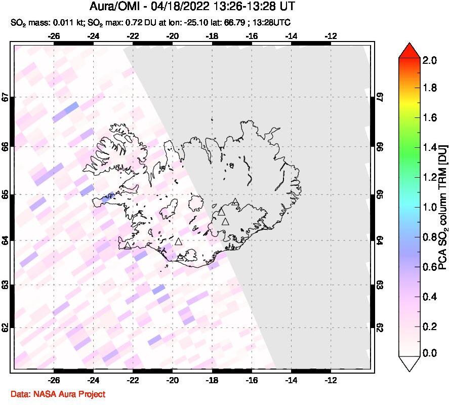 A sulfur dioxide image over Iceland on Apr 18, 2022.