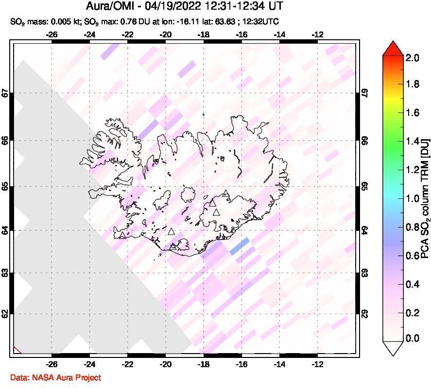 A sulfur dioxide image over Iceland on Apr 19, 2022.
