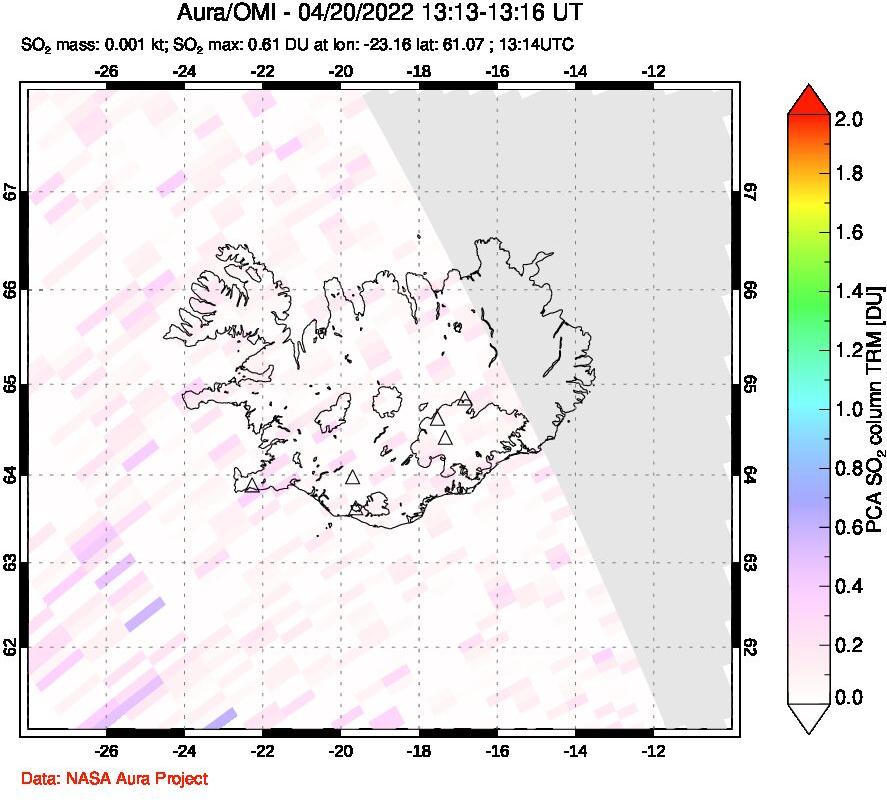 A sulfur dioxide image over Iceland on Apr 20, 2022.