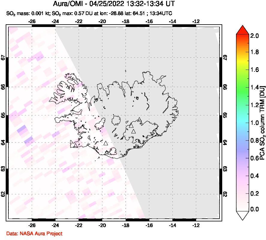 A sulfur dioxide image over Iceland on Apr 25, 2022.