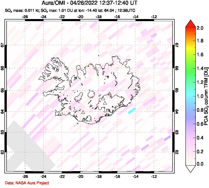 A sulfur dioxide image over Iceland on Apr 26, 2022.