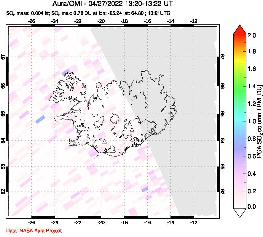 A sulfur dioxide image over Iceland on Apr 27, 2022.