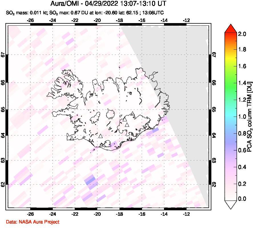 A sulfur dioxide image over Iceland on Apr 29, 2022.
