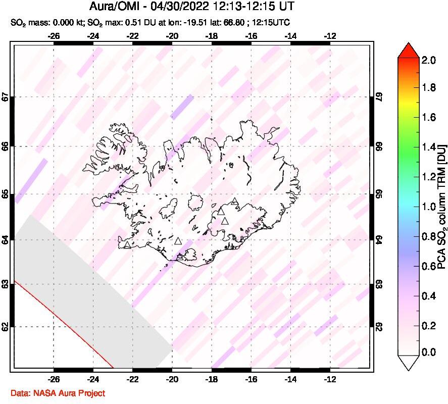 A sulfur dioxide image over Iceland on Apr 30, 2022.