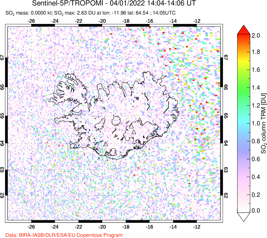 A sulfur dioxide image over Iceland on Apr 01, 2022.