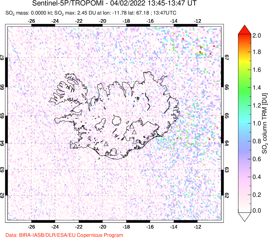 A sulfur dioxide image over Iceland on Apr 02, 2022.