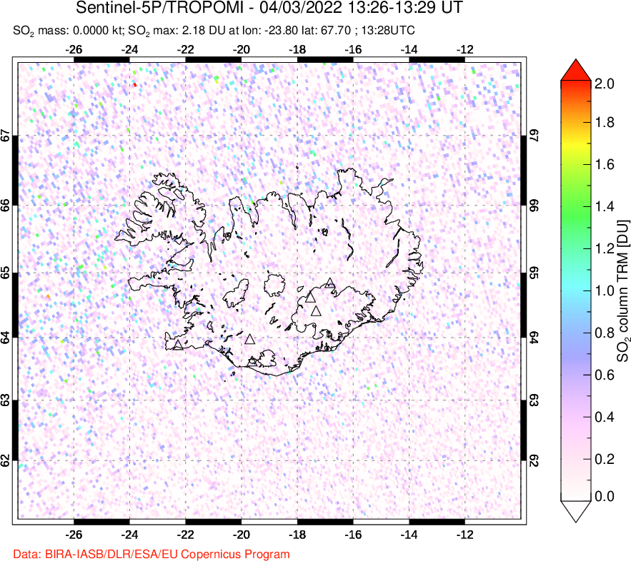 A sulfur dioxide image over Iceland on Apr 03, 2022.