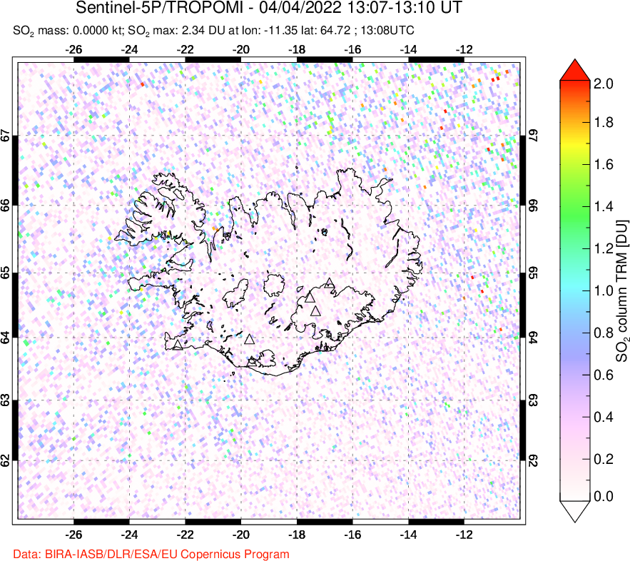 A sulfur dioxide image over Iceland on Apr 04, 2022.