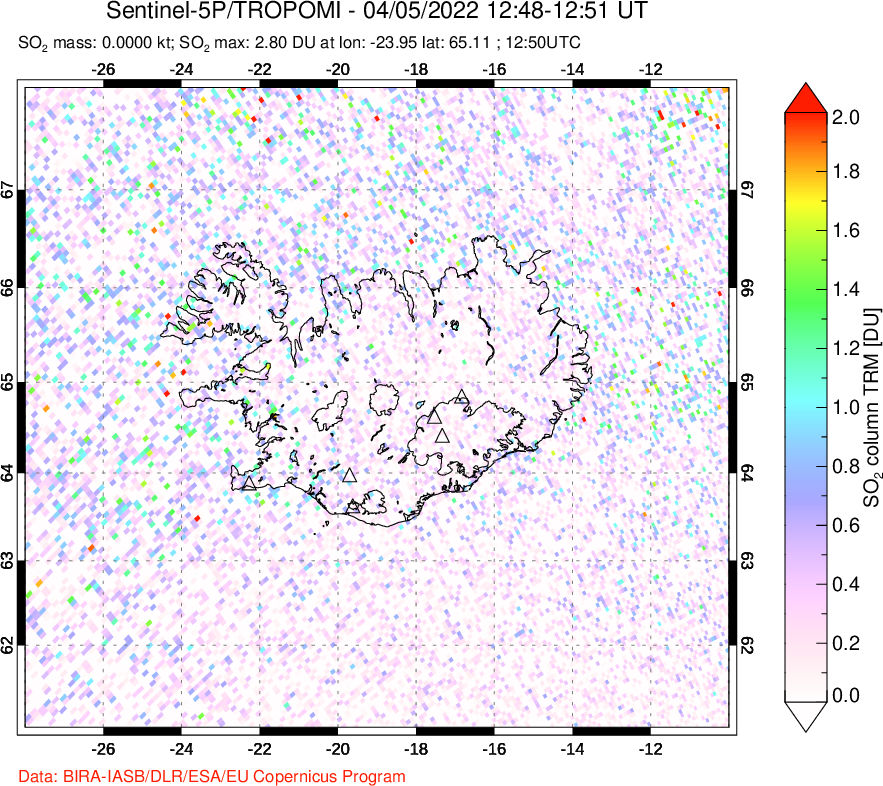 A sulfur dioxide image over Iceland on Apr 05, 2022.
