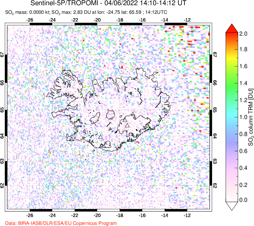 A sulfur dioxide image over Iceland on Apr 06, 2022.