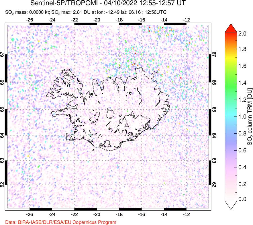 A sulfur dioxide image over Iceland on Apr 10, 2022.