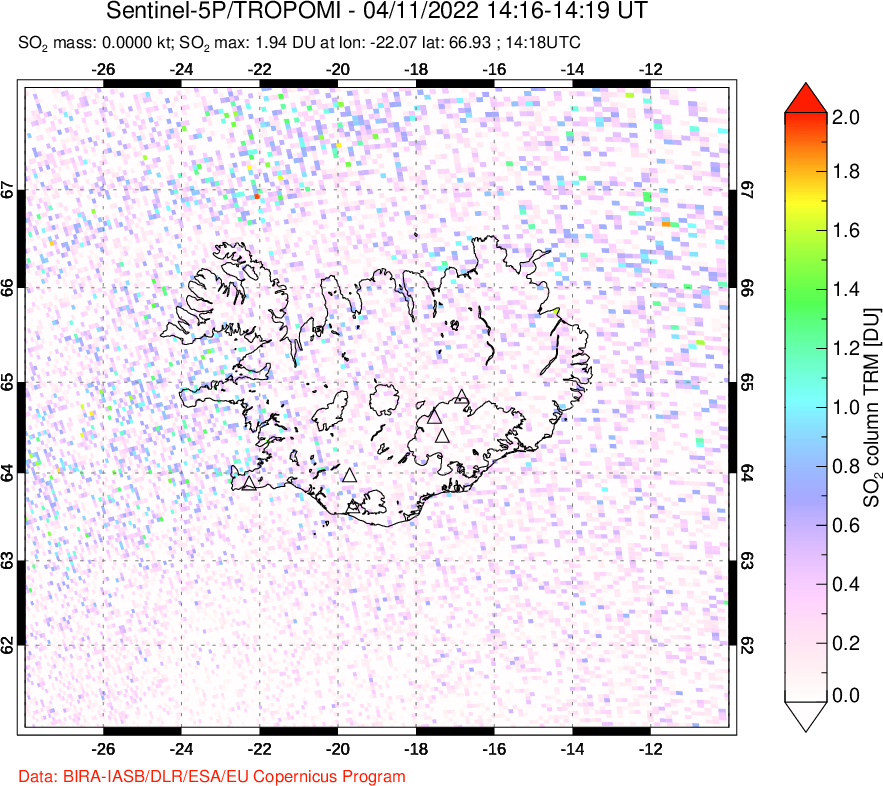 A sulfur dioxide image over Iceland on Apr 11, 2022.