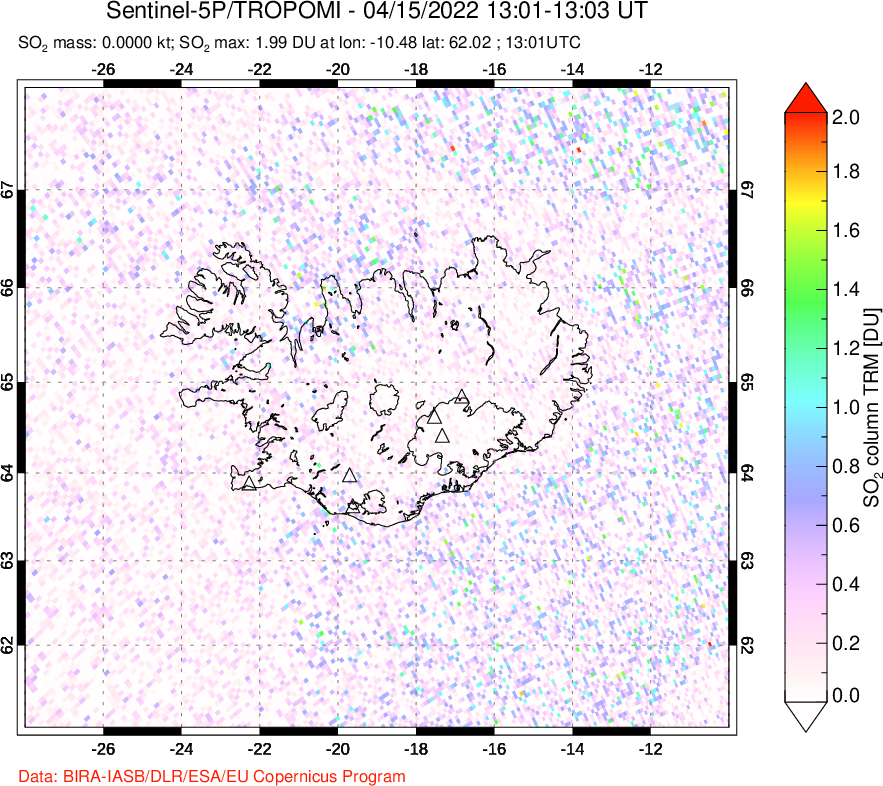 A sulfur dioxide image over Iceland on Apr 15, 2022.