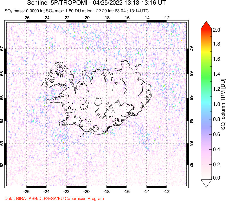 A sulfur dioxide image over Iceland on Apr 25, 2022.