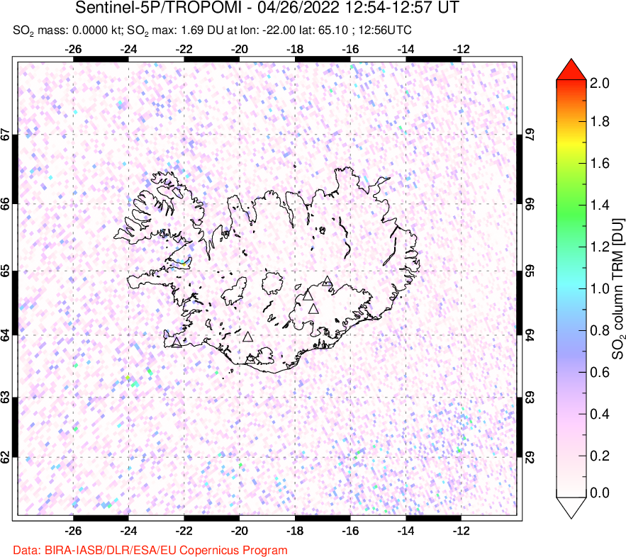 A sulfur dioxide image over Iceland on Apr 26, 2022.