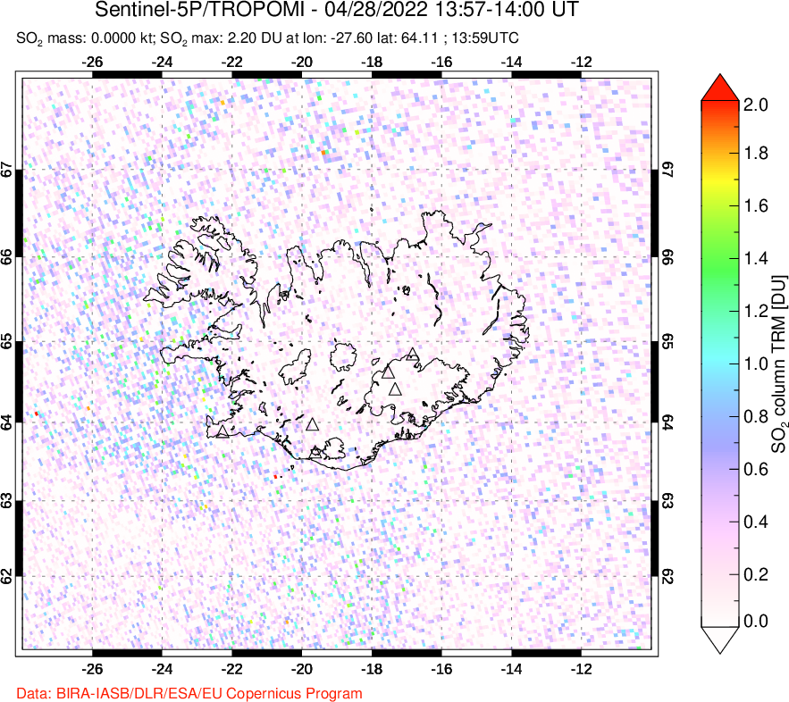A sulfur dioxide image over Iceland on Apr 28, 2022.