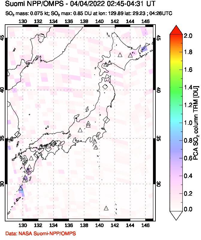 A sulfur dioxide image over Japan on Apr 04, 2022.