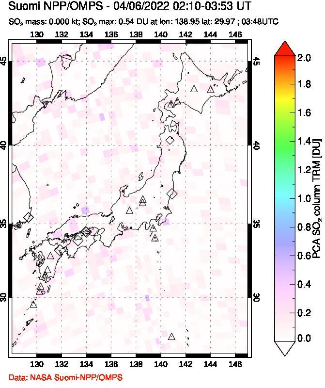 A sulfur dioxide image over Japan on Apr 06, 2022.