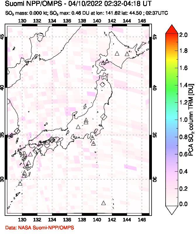 A sulfur dioxide image over Japan on Apr 10, 2022.