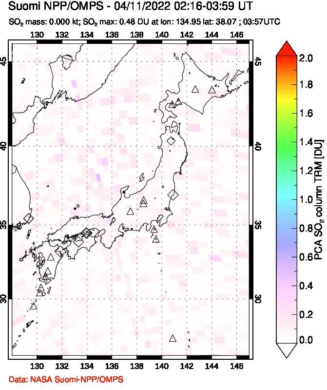 A sulfur dioxide image over Japan on Apr 11, 2022.