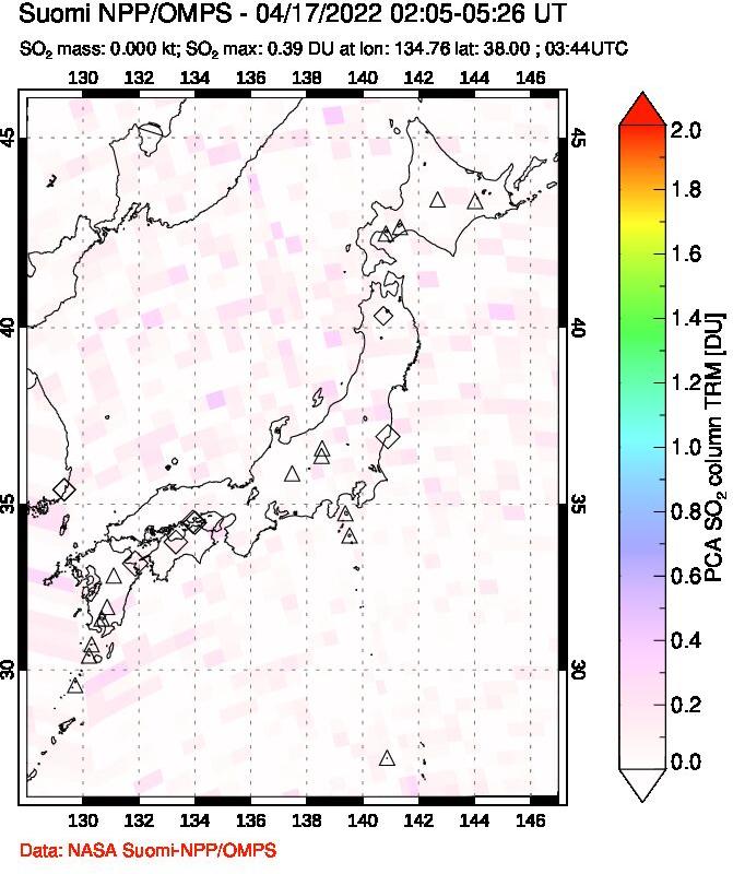 A sulfur dioxide image over Japan on Apr 17, 2022.