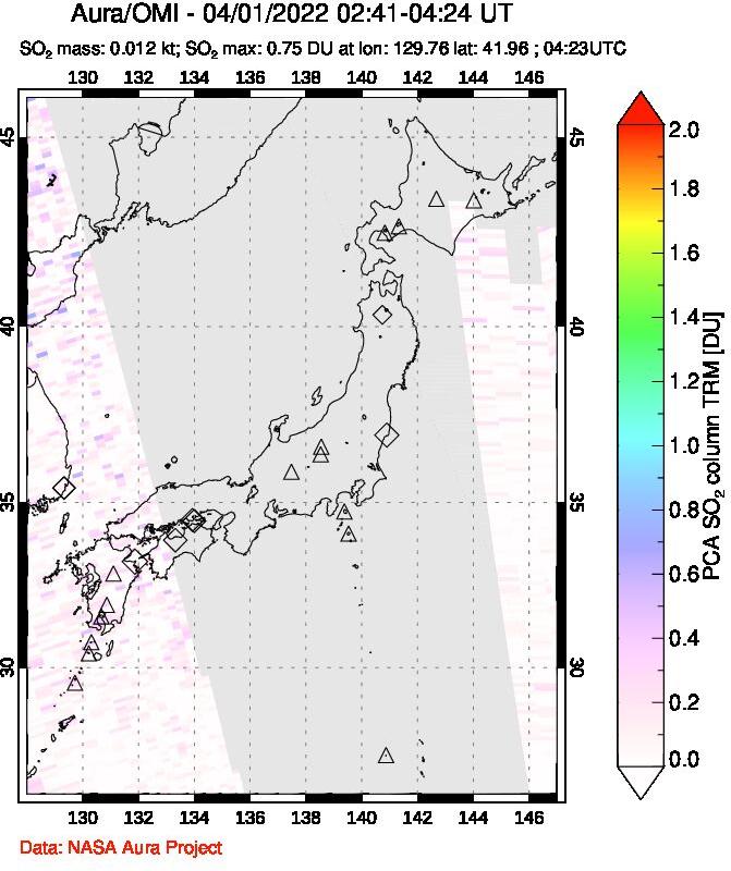 A sulfur dioxide image over Japan on Apr 01, 2022.