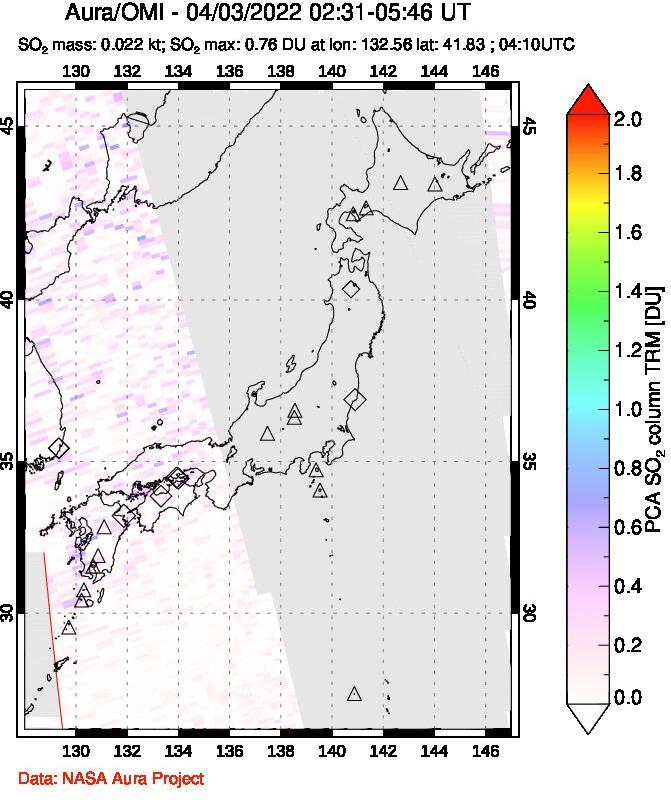 A sulfur dioxide image over Japan on Apr 03, 2022.