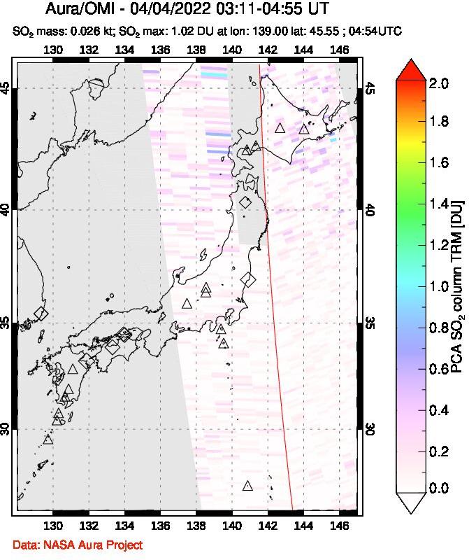 A sulfur dioxide image over Japan on Apr 04, 2022.