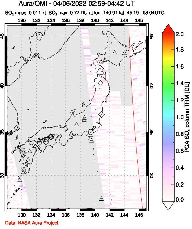 A sulfur dioxide image over Japan on Apr 06, 2022.