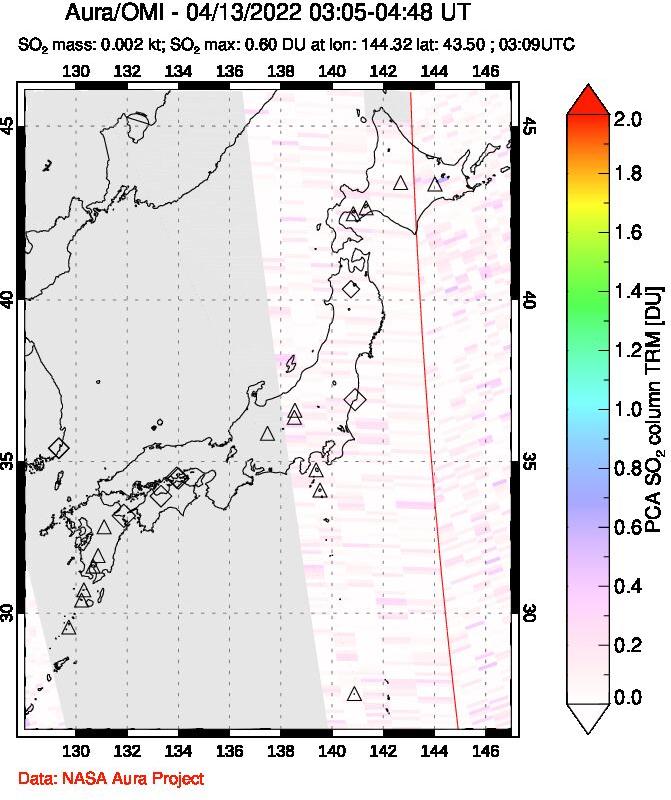 A sulfur dioxide image over Japan on Apr 13, 2022.