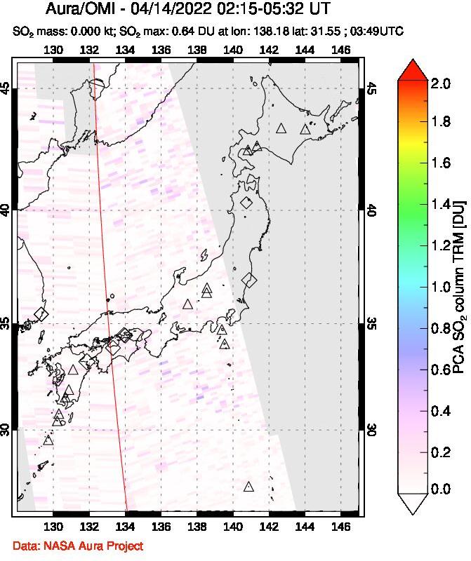 A sulfur dioxide image over Japan on Apr 14, 2022.