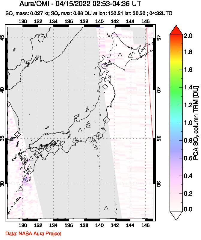 A sulfur dioxide image over Japan on Apr 15, 2022.