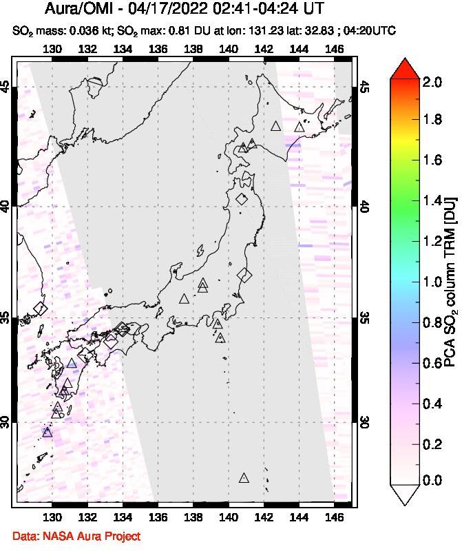 A sulfur dioxide image over Japan on Apr 17, 2022.