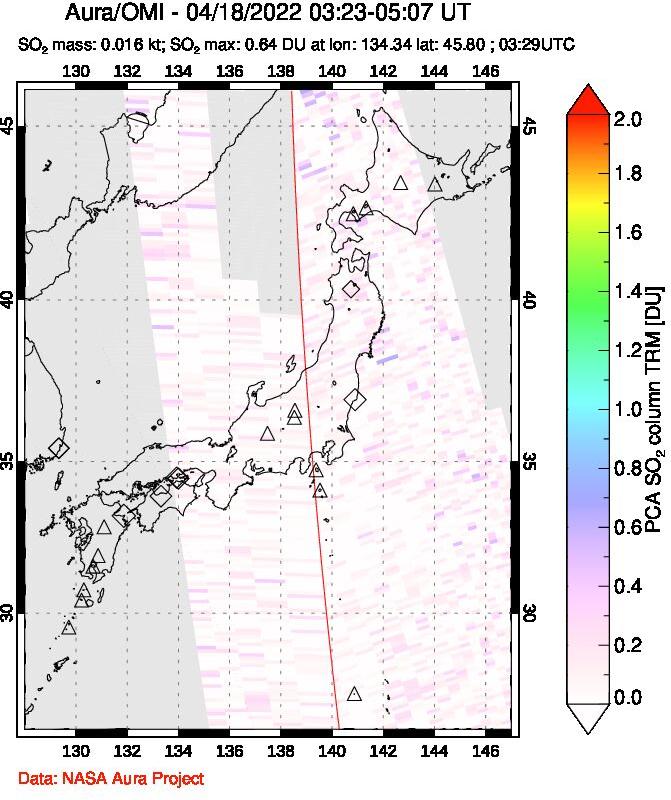A sulfur dioxide image over Japan on Apr 18, 2022.