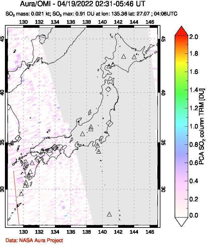 A sulfur dioxide image over Japan on Apr 19, 2022.
