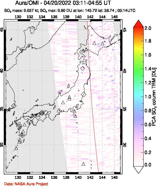 A sulfur dioxide image over Japan on Apr 20, 2022.