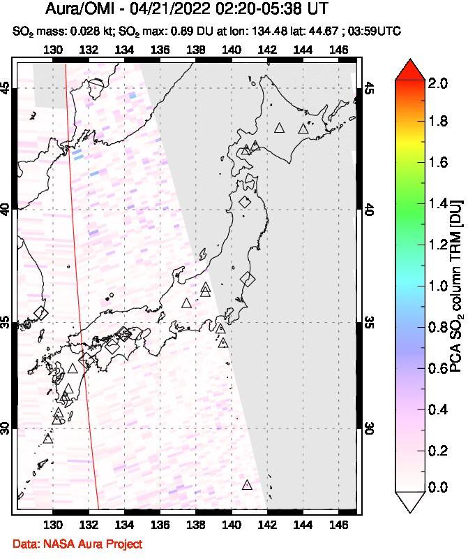 A sulfur dioxide image over Japan on Apr 21, 2022.