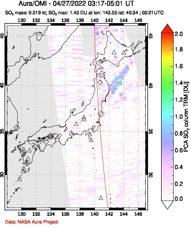 A sulfur dioxide image over Japan on Apr 27, 2022.