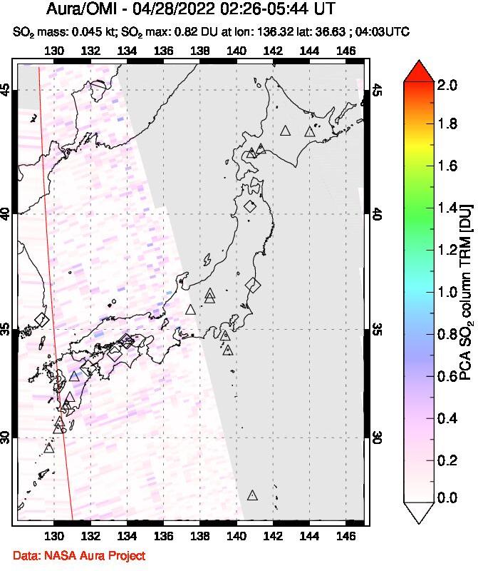 A sulfur dioxide image over Japan on Apr 28, 2022.