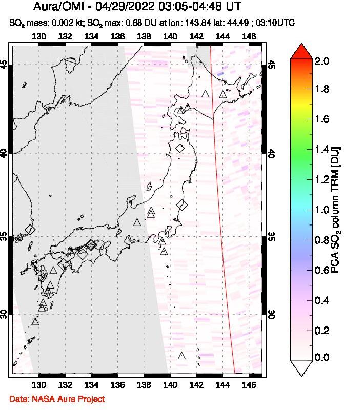 A sulfur dioxide image over Japan on Apr 29, 2022.