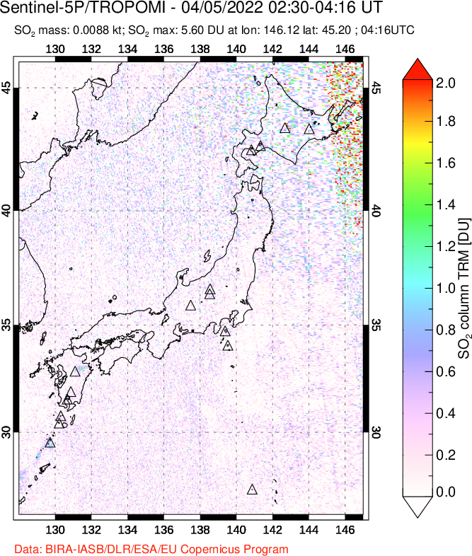 A sulfur dioxide image over Japan on Apr 05, 2022.