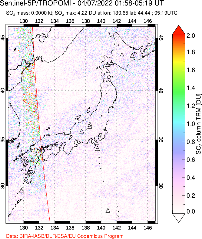 A sulfur dioxide image over Japan on Apr 07, 2022.