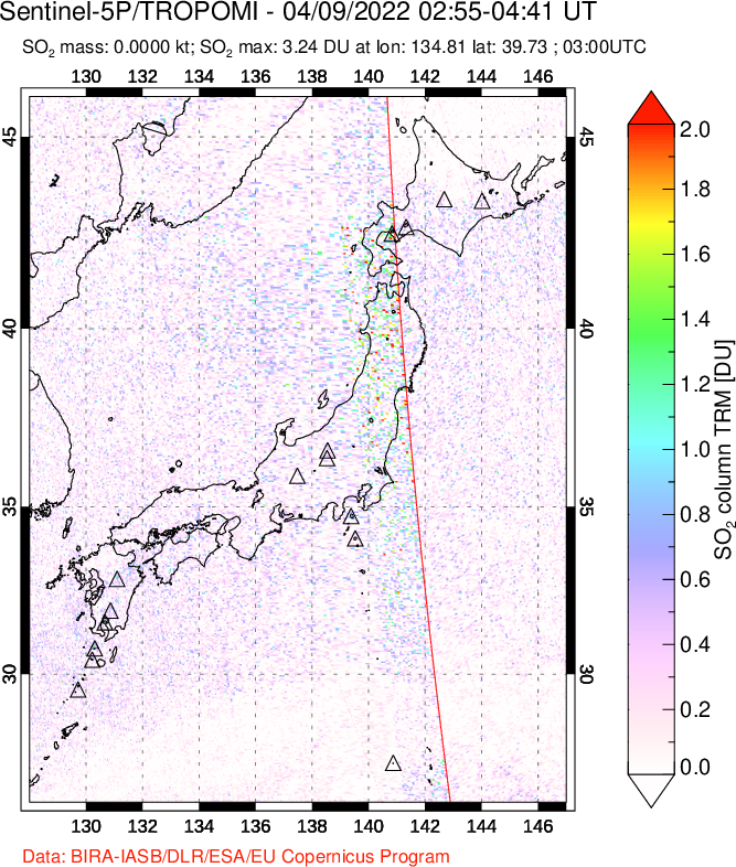 A sulfur dioxide image over Japan on Apr 09, 2022.