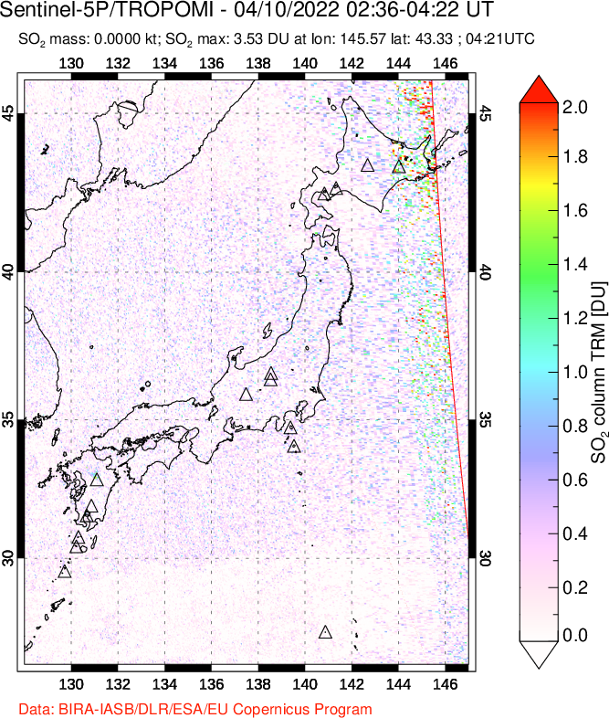 A sulfur dioxide image over Japan on Apr 10, 2022.