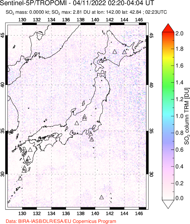 A sulfur dioxide image over Japan on Apr 11, 2022.