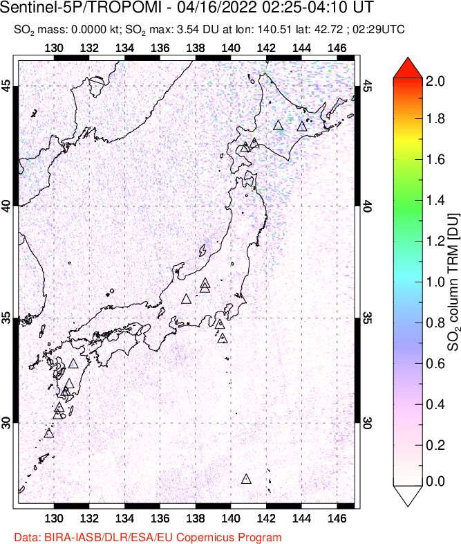A sulfur dioxide image over Japan on Apr 16, 2022.