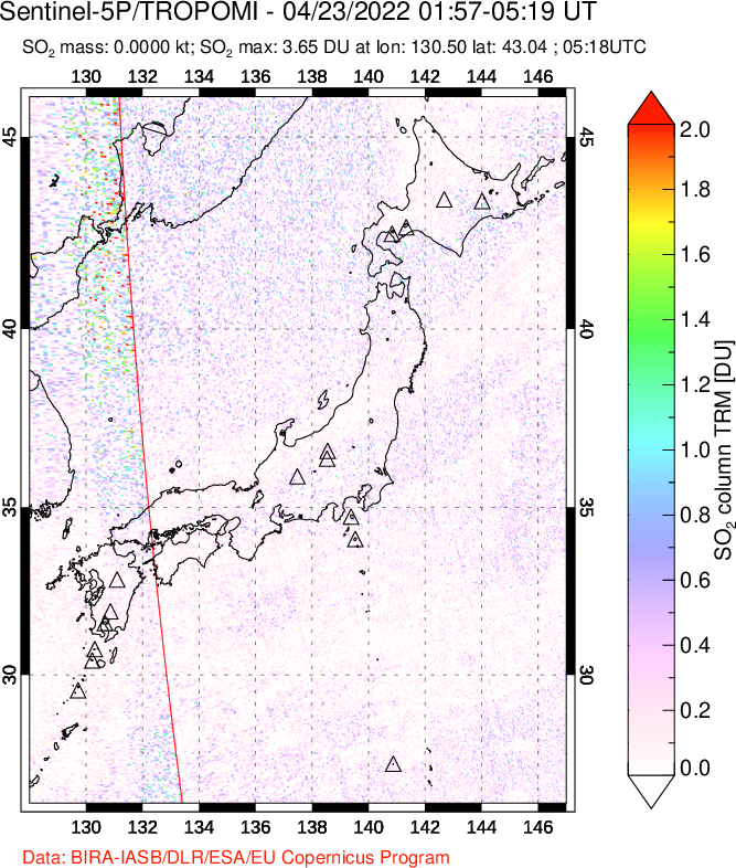 A sulfur dioxide image over Japan on Apr 23, 2022.
