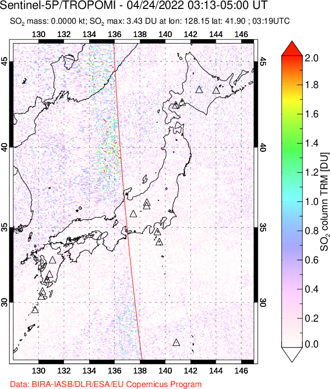 A sulfur dioxide image over Japan on Apr 24, 2022.