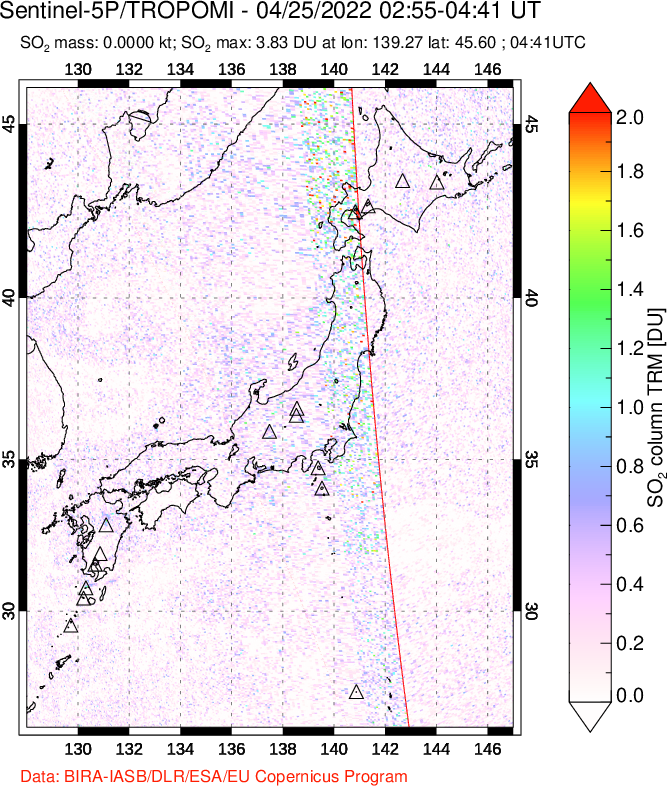 A sulfur dioxide image over Japan on Apr 25, 2022.
