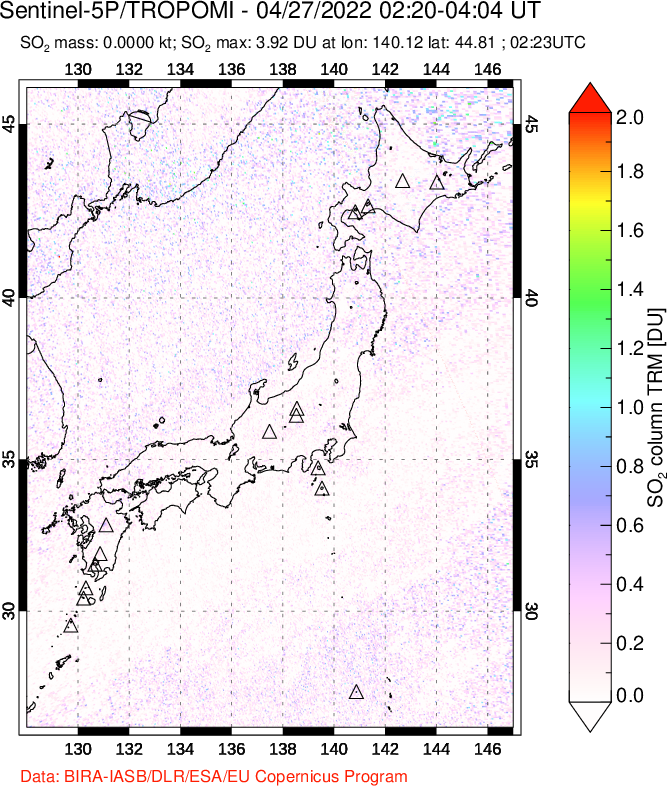 A sulfur dioxide image over Japan on Apr 27, 2022.